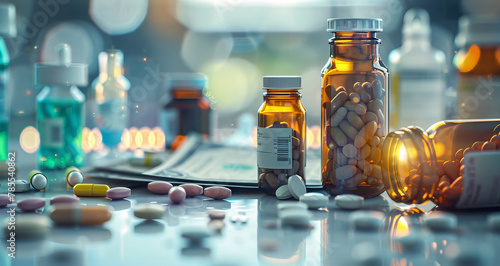 An array of pharmaceutical bottles and currency amidst a lab setting shrouded in twilight © MiraCle72