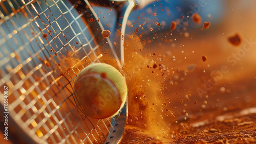 On a clay tennis court, a close-up of a racket hitting the ball photo