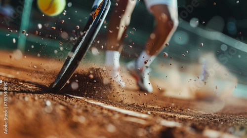 On a clay tennis court, a close-up of a racket hitting the ball photo