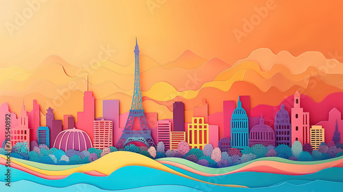papercut of Paris city skyline at sunset in a abstract art style