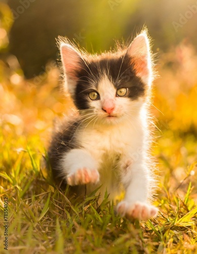 Black and white kitten playing in the grass at sunset
