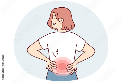 Woman stands with back to screen and holds on to red lower back after failing to lift heavy bag. Girl suffers from pain in spine needs massage or help of osteopath doctor. Flat vector illustration
