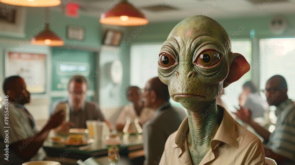 Cinematic scene featuring an amiable alien conversing with coworkers during a lunch break in a vibrant office cafeteria, the atmosphere filled with the buzz of friendly chatter 02 - obrazy, fototapety, plakaty 