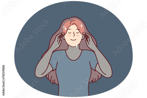 Peaceful woman touches temples with eyes closed, dreams of happy future or meditates to get rid of bad thoughts. Girl with long hair glows with positive emotions and good mood. Flat vector image