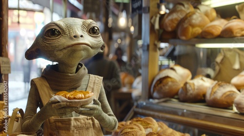 Cinematic scene featuring a cheerful alien indulging in delicious pastries at a quaint boulangerie in Paris, with the aroma of freshly baked bread softly wafting through the air photo