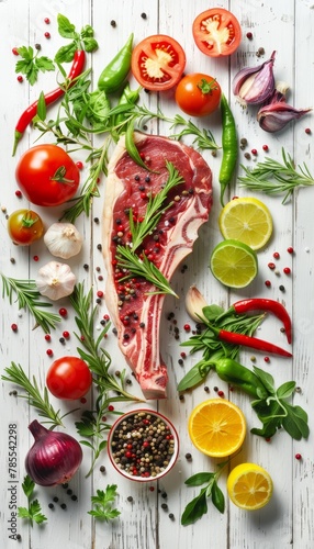 Succulent steak surrounded by fresh vegetables and greens on white wooden table, top down view