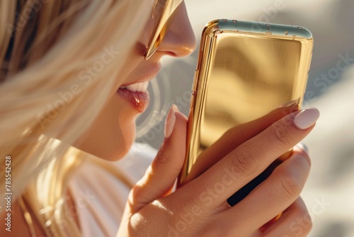 Close-up shot cheerful person clutching golden cellphone hand prestigious gadget luxury lifestyle photo