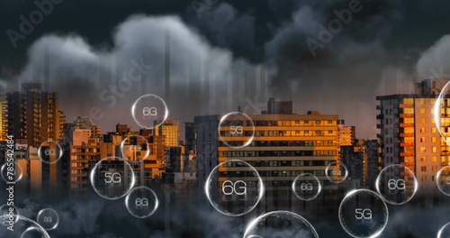 Image of 6g and 5g text in circles moving over residential buildings in city under cloudy sky