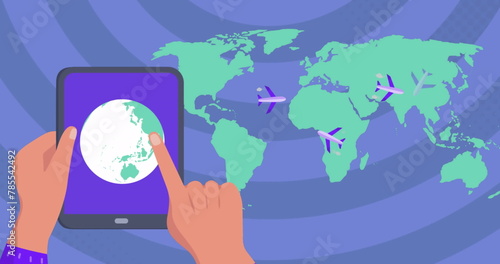 Image of airplanes flying over map and hands rotating globe on digital tablet