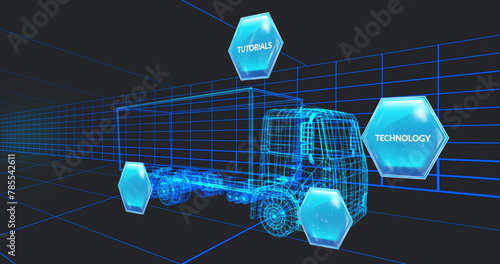 Image of business concept text banners over 3d truck model moving in seamless pattern in tunnel