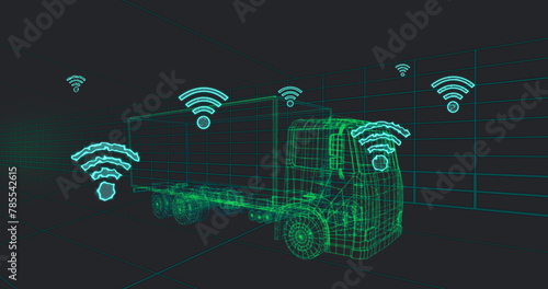 Image of multiple wifi icons over 3d van model moving in seamless pattern in a tunnel
