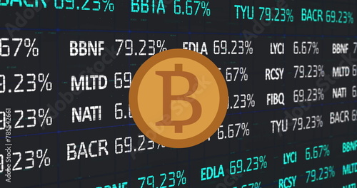 Image of bitcoin over shapes and stock market on black background