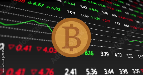 Image of bitcoin over diagrams and stock market on black background