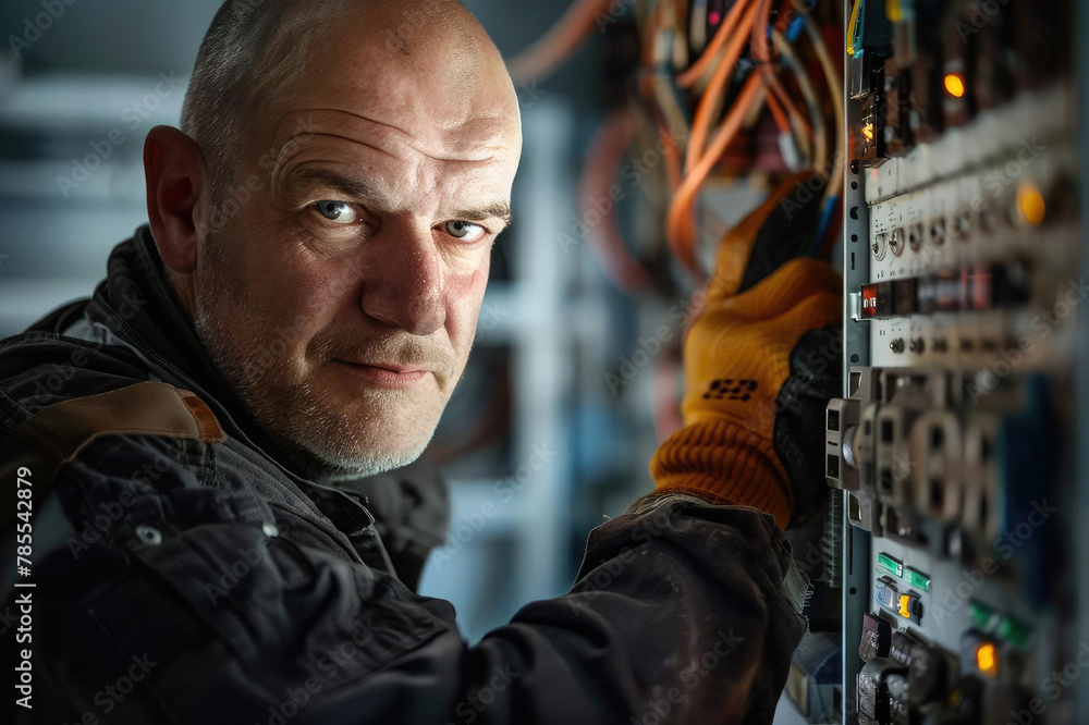 Male electrician is repairing high voltage panel indoors. Portrait of electrician at work.