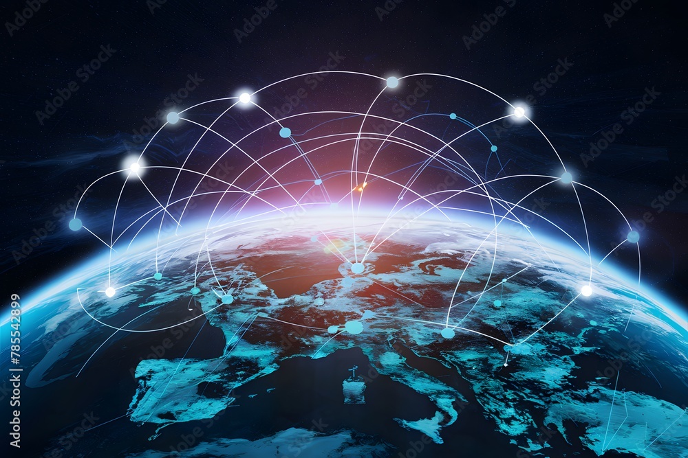 Network and data exchange over planet earth in space, depicting global connectivity