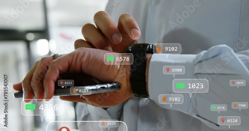 Image of notification bars over caucasian man using smartphone and scrolling on smartwatch