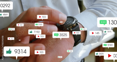 Image of notification bars over midsection of caucasian businessman using smartwatch