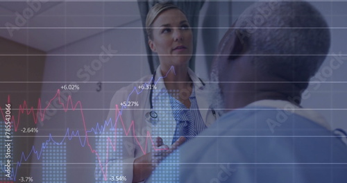 Image of multiple graphs with changing numbers, diverse female doctor checking patient neck