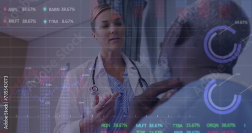 Image of graphs and trading board over diverse female doctor examining patient neck