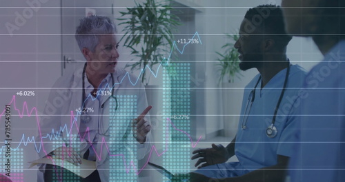 Image of multiple graphs with changing numbers, diverse doctors discussing in hospital