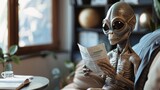 Cinematic photo of a friendly extraterrestrial reviewing documents in a sleek office lounge, their thoughtful expression a testament to their dedication to the job 01