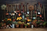 Artistic Garden Tools Ensemble in a Verdant Setting