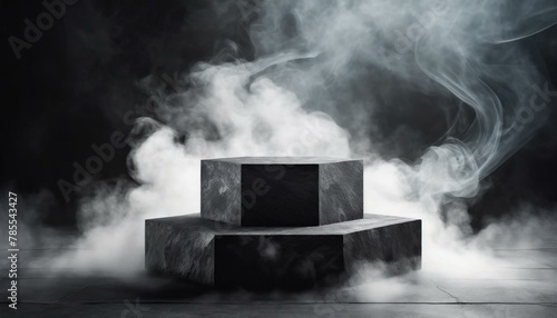Empty black stone platform podium stand for advertising on a black background with white steam smoke around, presented in a front view mockup.