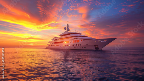 A stunning, high-end yacht travels across the ocean as the sun sets, painting the sky in vivid orange and red hues photo
