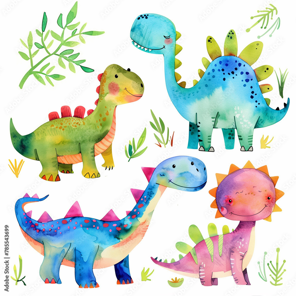 a set of watercolor illustrations of funny cartoon dinosaurs on a white background. watercolor drawing for children's textiles a set of watercolor illustrations of funny cartoon dinosaurs on a white background. watercolor drawing for children's textiles