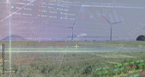 Image of stock market and data processing over field with wind turbines