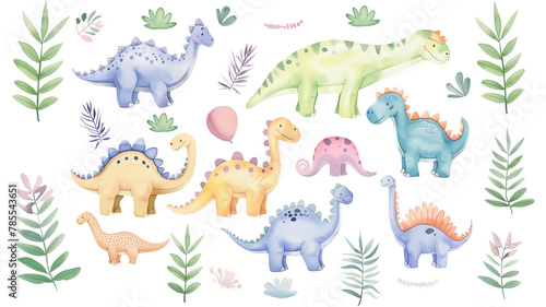 a set of watercolor illustrations of funny cartoon dinosaurs on a white background. watercolor drawing for children s textiles