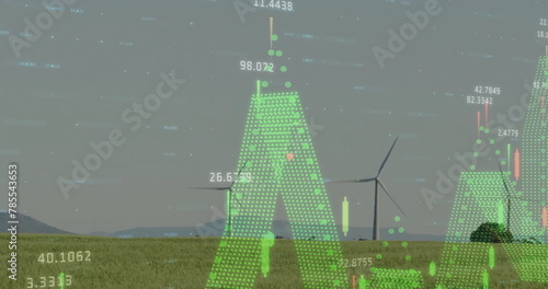 Image of diagrams and data processing over field with wind turbines