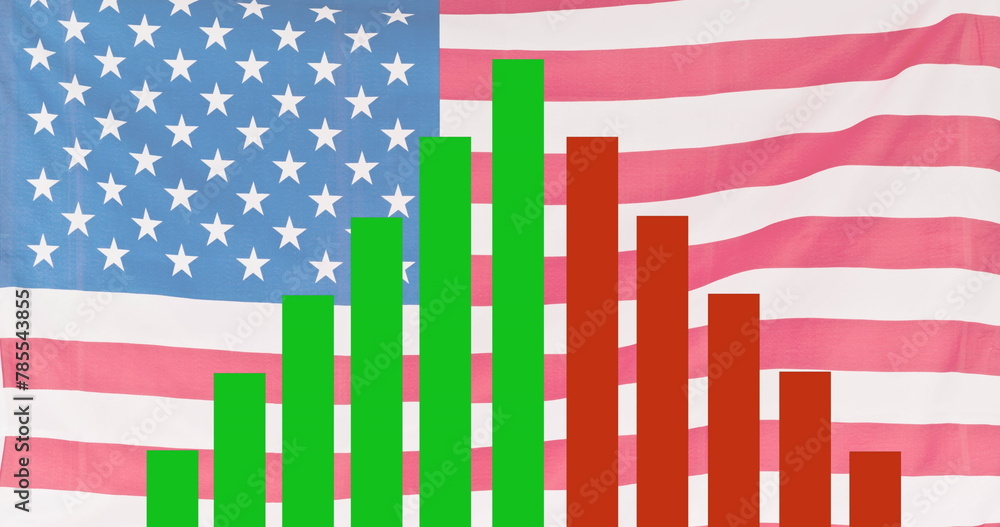 Naklejka premium Image of statistic processing over waving flag of united states of america