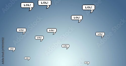 Digital image of lol text on multiple speech bubbles floating against blue background