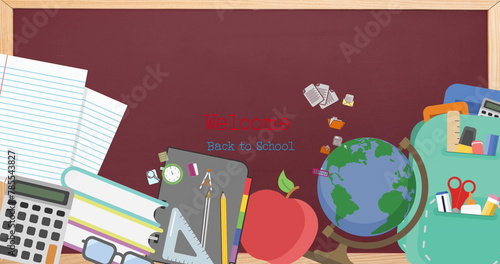 Image of welcome back to school text over school items icons