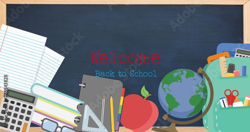 Digital image of welcome back to school text over sports concept icons against blackboard