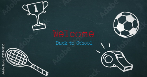 Digital image of welcome back to school text against sports concept icons on blue background