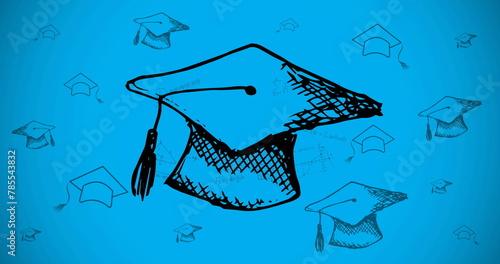 Image of moving graduation hats on blue background
