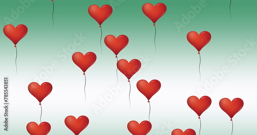 Digital image of multiple red heart shaped balloons floating against green background