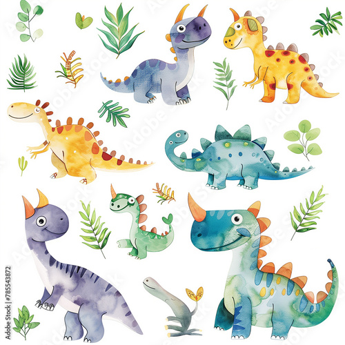 Fototapeta Naklejka Na Ścianę i Meble -  a set of watercolor illustrations of funny cartoon dinosaurs on a white background. watercolor drawing for children's textiles. 