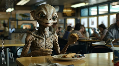 Cinematic moment of an amiable extraterrestrial sharing a snack with their classmates during lunchtime, the cafeteria buzzing with conversation and the clatter of trays 02 photo