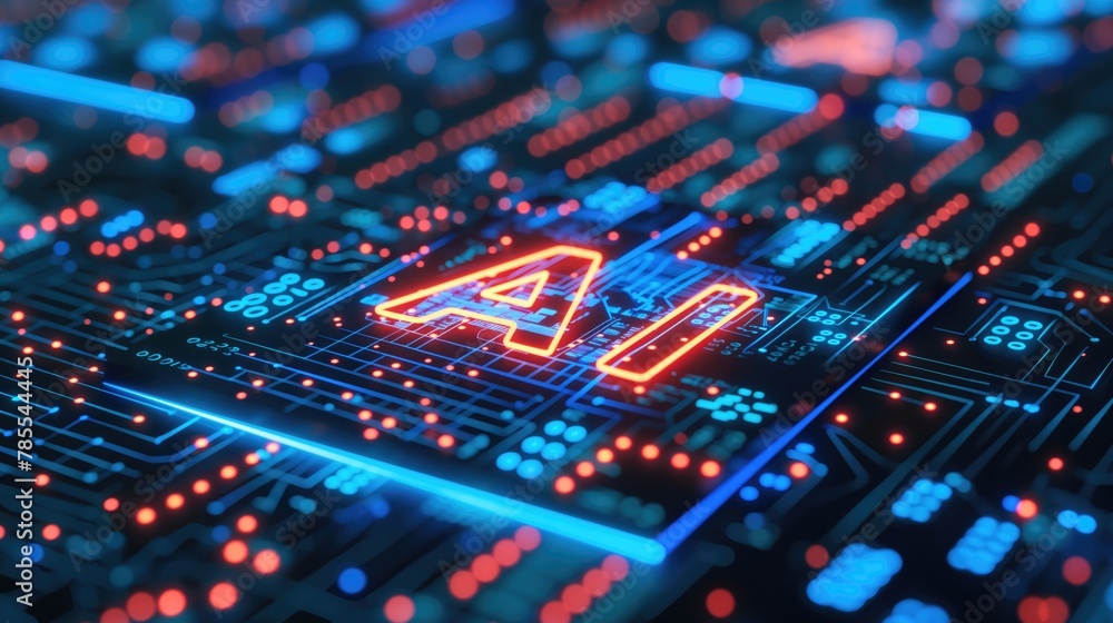 A computer chip with the letters AI on it. Generative AI. A computer chip with the letters AI on it. Generative AI.