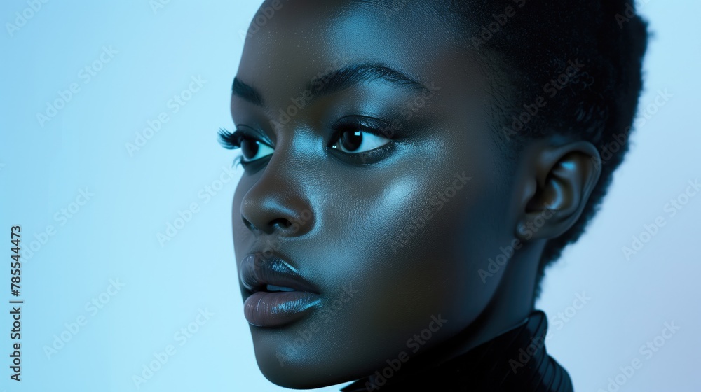 Beauty portrait of a beautiful black woman illuminated with blue light. Generative AI. Beauty portrait of a beautiful black woman illuminated with blue light. Generative AI.