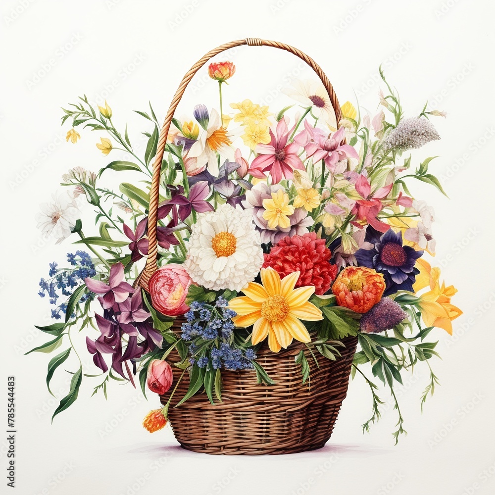 Basket of summer blooms, single line, seasons best, white background, shadow of abundance