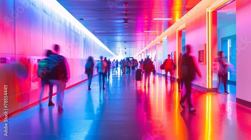 Blurry motion effect in a university hallway as students move around, with vibrant colors and dynamic lighting 01 photo