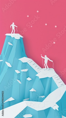 Two climbers, one jubilantly reaching the peak of a glittering icy mountain, the other stranded mid-climb in a blizzard, illustrating the fine line between success and failure, papercut style photo