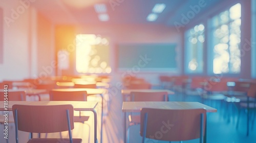 Blurred view revealing an unoccupied classroom with soft lighting, serene ambiance, and absence of students or furniture photo