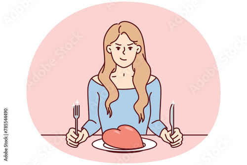 Frowning woman sits at table with giant heart in plate and holds fork with knife. Girl for concept toxic relationship and enmity towards husband after disappointment in marriage. Flat vector design