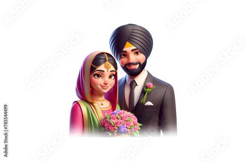 Punjabi Sikh Couple With Bouquet Wearing Formals and Traditional Clothes.  photo