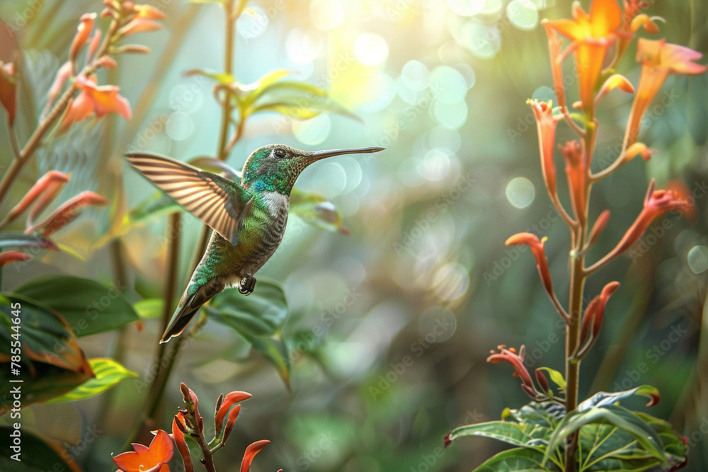 Fototapeta premium Flying Hummingbird surrounded by flowering plants